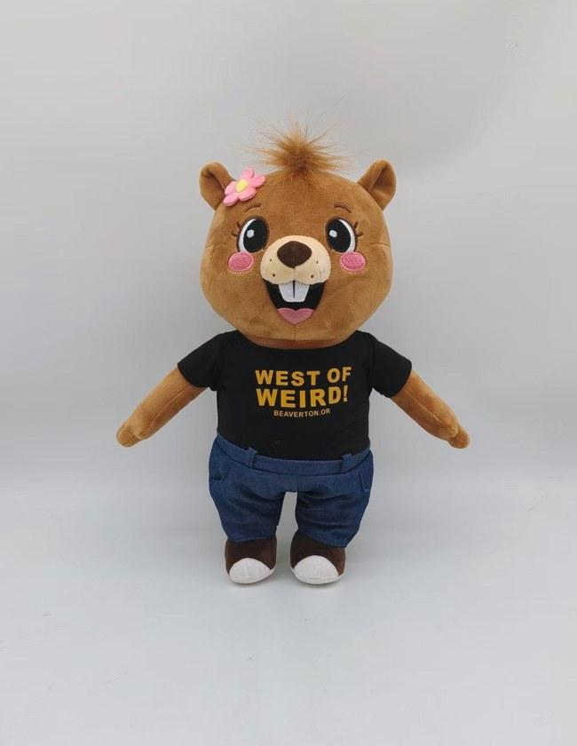 Approved pre-production sample of the beaver mascot plush in a graphic tee