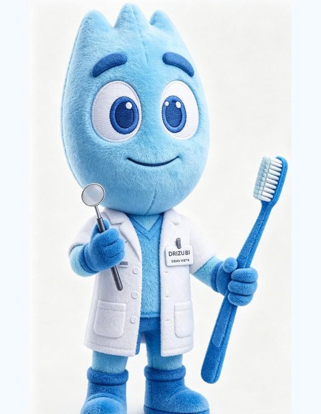Design visualization of a blue dentist mascot plush with mirror and toothbrush