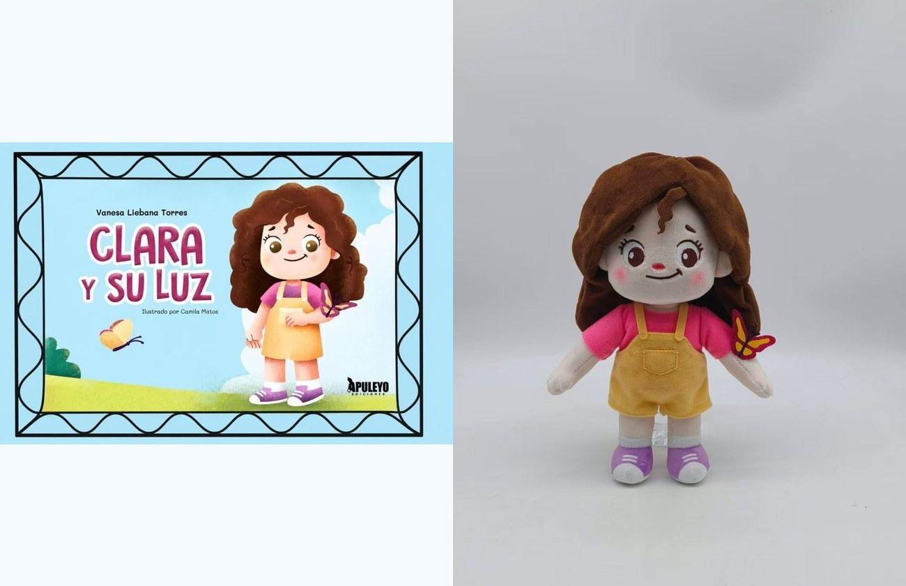 Picture-book illustration and finished girl character plush, side by side