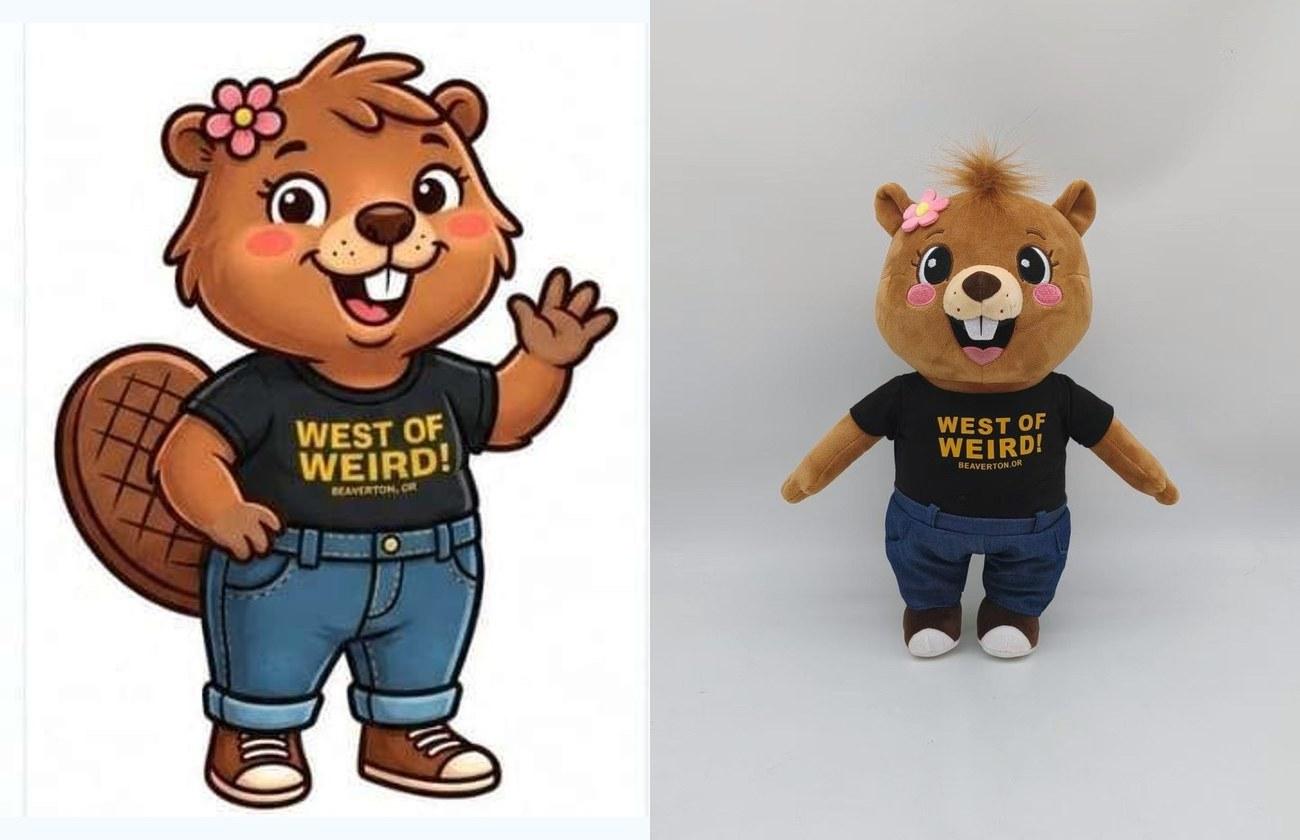 Illustration and finished beaver mascot plush, side by side