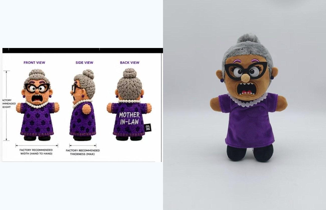 Design specification sheet and finished grandmother plush, side by side