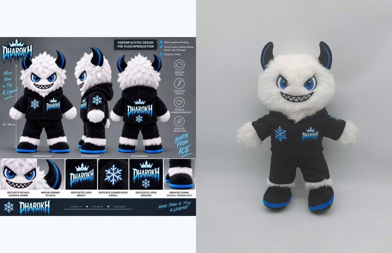 Design sketch and finished custom plush, side by side
